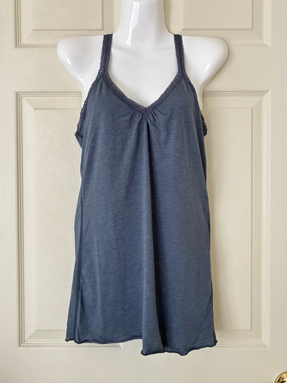 Mossimo Lace-Trimmed Racerback Cotton Blend Tank with Shelf Bra Blue Size Large